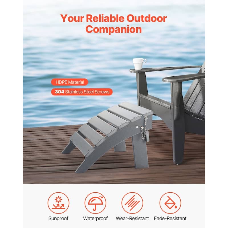 Grey HDPE Folding Adirondack Ottoman Footrest with Slatted Surface Ideal Use for Patio or Balcony - 16.9” x 18.9” x 13”