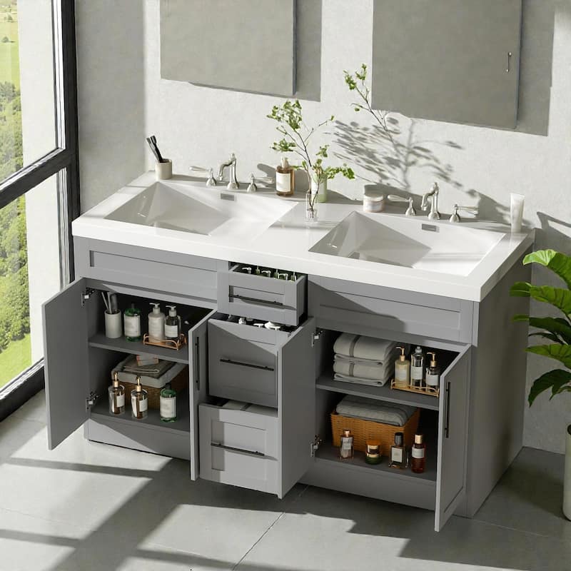 59.3" Double Sink Bathroom Vanity with SMC Top, MDF Cabinet with Solid Wood Frame & Soft-Close Doors - Grey