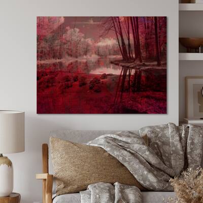 Designart 'Red Autumn Artistic Forest By The Lake IV' Traditional Wood Wall Art - Natural Pine Wood