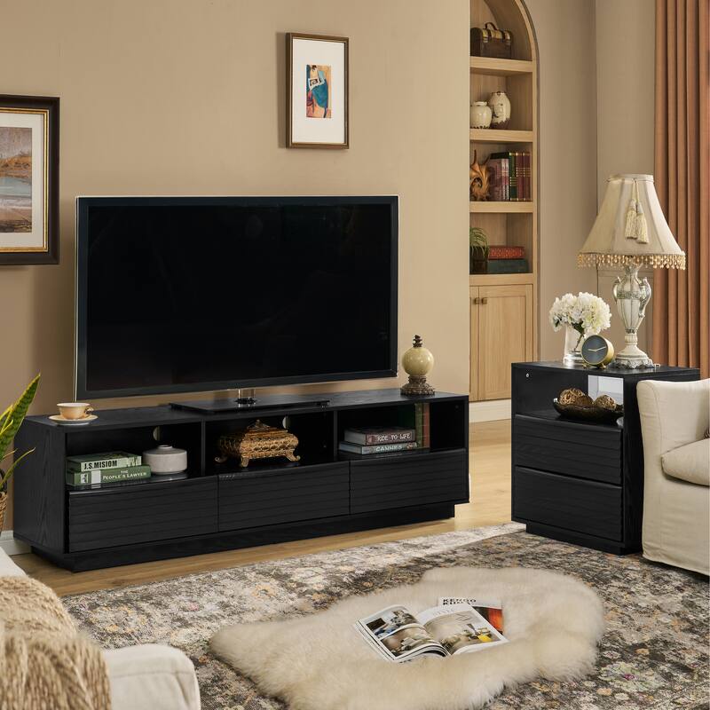 Mid-Century Modern TV Stand for TVs up to 75" with Louver Design 3 Drawers and Outlet Holes, for Living Room, Black