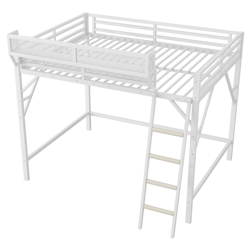 Queen Size Loft Bed with Ladder, Metal Queen Loft Bed with Storage Shelves, High Loft Bed for Kids Teens