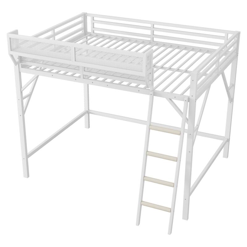 Queen Size Metal Loft Bed with Storage Shelves and Ladder, White