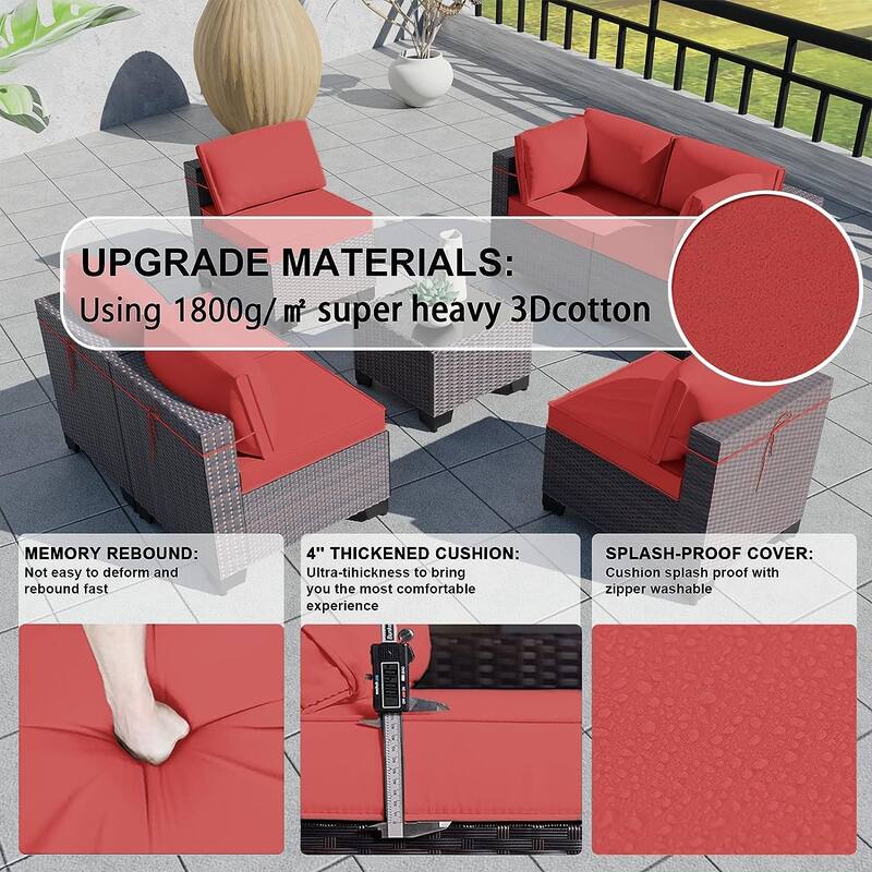 Kullavik 7 Pieces Outdoor Sectional Sofa Set Brown Wicker Patio Conversation Set with Seat Cushions and Tempered Glass Table