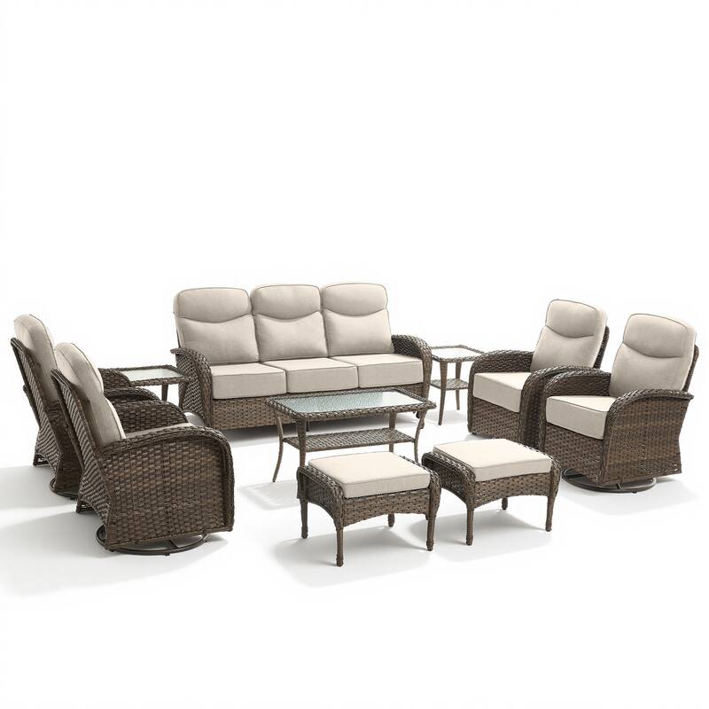 Pocassy Outdoor 10-Piece Sofa Swivel Chair Ottoman with Table