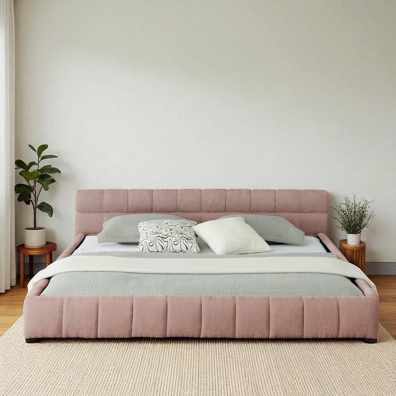 California King Upholstered Platform Bed, Thick Chenille, Low-Profile Headboard, No Box Spring, 90.5 x 80.5 x 31 in - Pink - California King