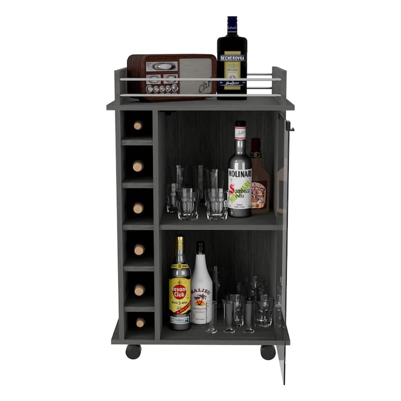 Sleek Bar Cart with Glass Door, Six Wine Cubbies, Locking Casters, Top Shelf - Carbon Espresso