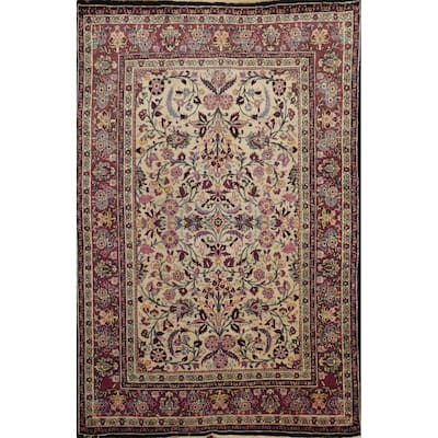 Hand Knotted Oriental 100% Wool Carpet Traditional Floral Beige & Ivories Mashad Area Rug - 6' 4'' X 4' 7''