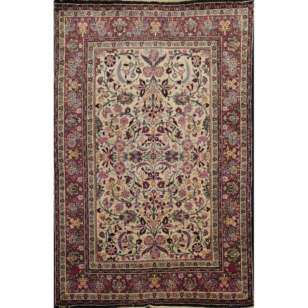 Hand Knotted Oriental 100% Wool Carpet Traditional Floral Beige & Ivories Mashad Area Rug - 6' 4'' X 4' 7''