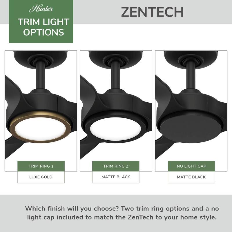 Hunter ZenTech Indoor / Outdoor 3-Blade Smart Ceiling Fan w/ LED Light and Handheld Remote - Modern & Contemporary.