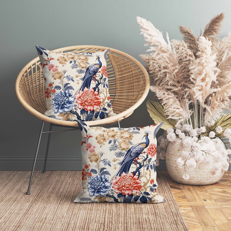 Peacock Panache Indoor/Outdoor Reversible Throw Pillow Beige and Grey