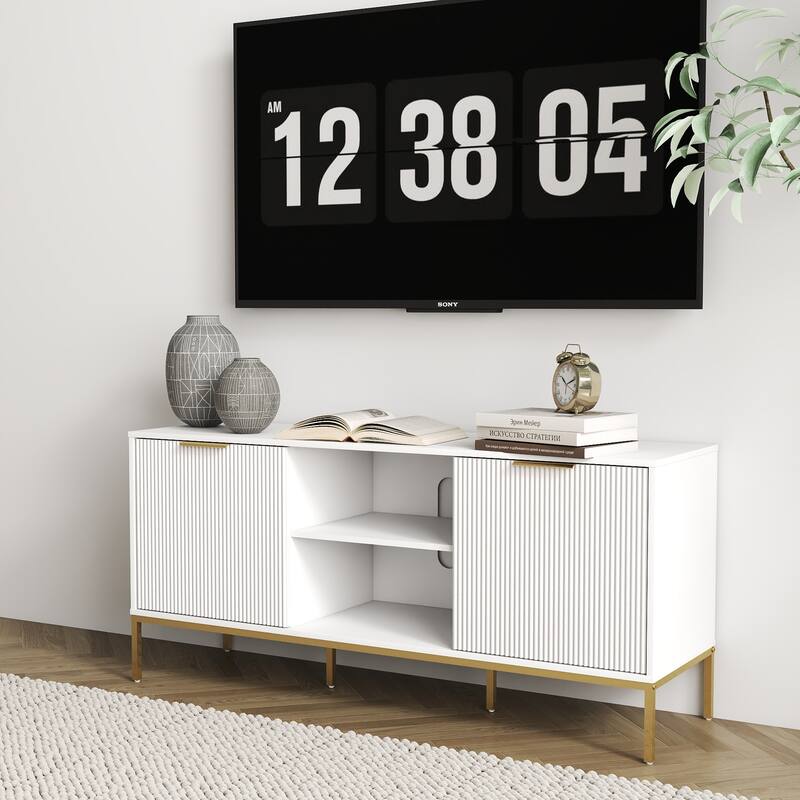 Modern Stylish TV Stand, Entertainment Center TV Stand with Solid Wood Frame and Rainbow Glass Door, for Living Room