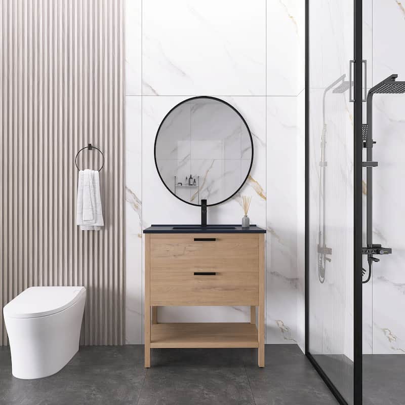 Plywood Freestanding Bathroom Vanity Set with Integrated Sink - Imitative Oak with Black Ceramic Top