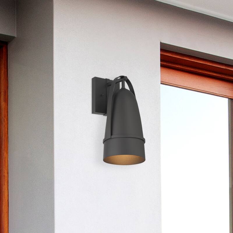 Rue 14 in. 1-Light Black Modern Outdoor Wall Lantern with Dark Sky Metal Shade