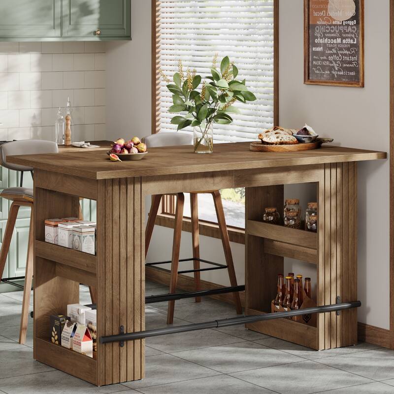 63 Inch Bar Table with Footrest, Bar Height Pub Table, Industrial High Top Kitchen & Dining Counter Tables with Storage Shelves - Rustic Brown