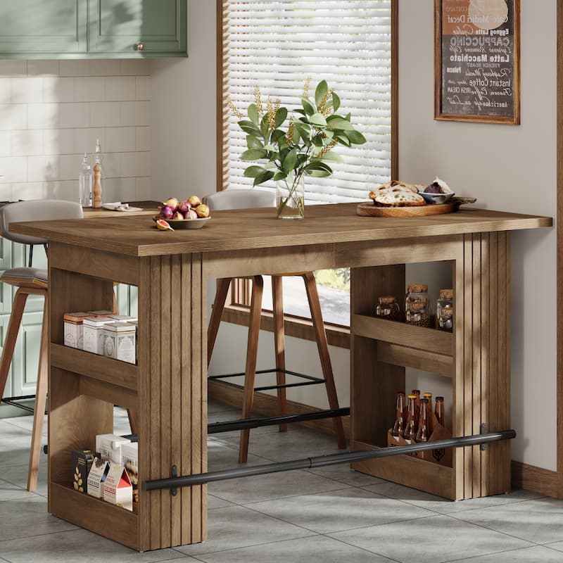 63 Inch Island Table with Dual Side Storage Shelves and Footrest for Kitchen - 62.99" L x 31.5" W x 37.4" H - Rustic Brown+Black