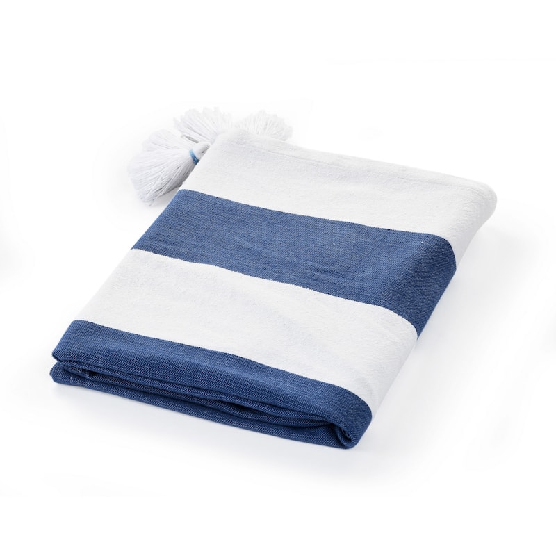 HomeRoots 50" X 60" Blue and White Cotton Woven Striped Throw Blanket with Tassels
