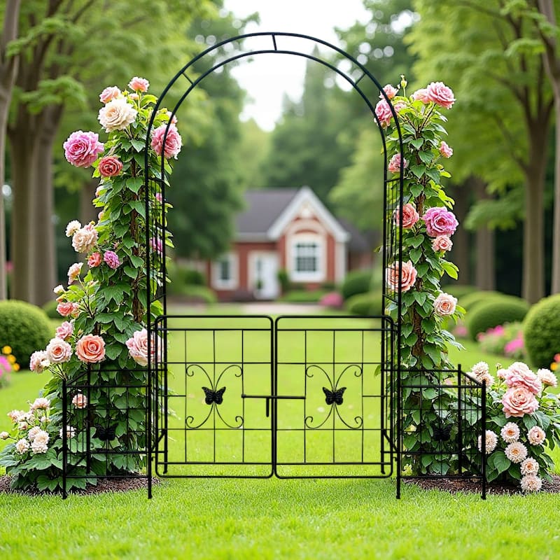 Garden Arch Arbor Trellis for Climbing Plants with Gate, Durable Metal Garden Arch Outdoor Wedding Arch, 7.15ft