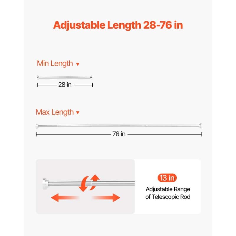 Extendable 28-76 in Tension Shower Rod Stainless Steel Heavy Duty for Bathrooms or Closets - 28-76 in