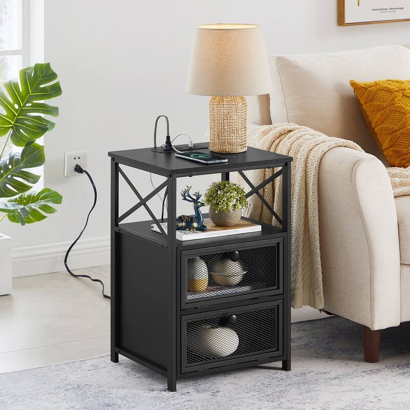 VECELO Modern End Table with 3-tier Storage Shelves, Nightstands with Charging Station(Nightstand Set of 2)