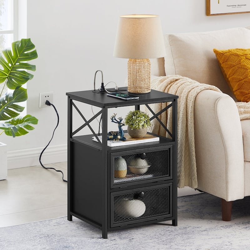 Nightstand End Table with Charging Station & 2 Flip Drawers, 2 USB