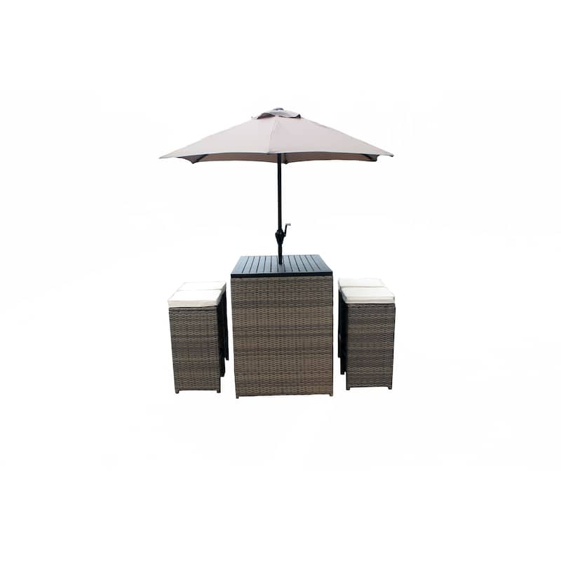 Luxury Living Furniture 6 Piece Wicker Rattan Outdoor Bar Set with Umbrella and Cushions for Patio and Poolside - White
