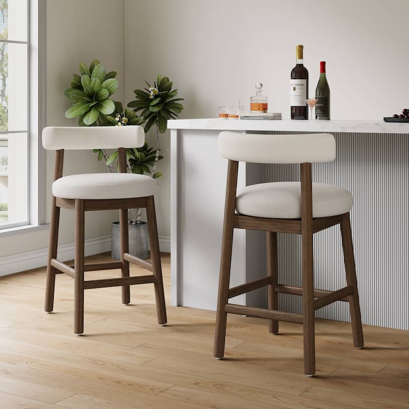 Christopher Knight Home - Riven Natural Rubberwood 26.77" Counter Stool Set with Beige Upholstery - Brown+Beige