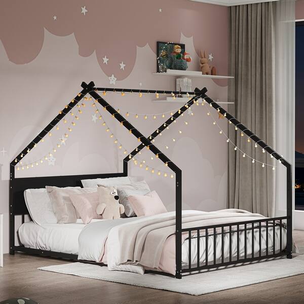 slide 2 of 12, Black Full Metal Bed Frame with Slats, House Bed with Roof and Colorful Light Black