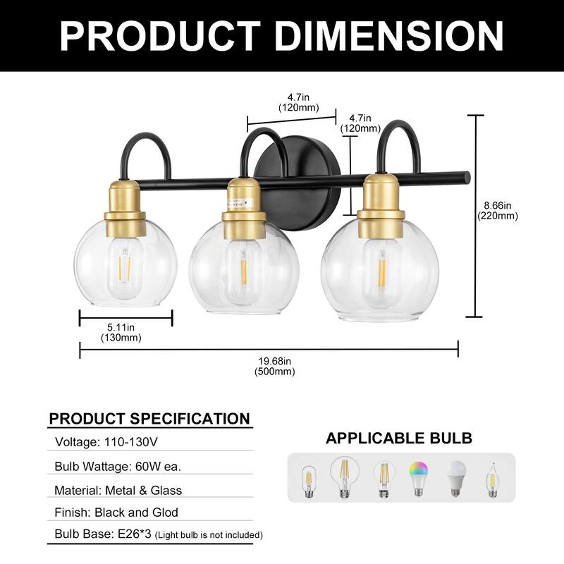 YANSUN Fishing Rod Vanity Light, Large Transparent Round Shade, E26, Black and Gold Finish for Elegant Bathroom Lighting