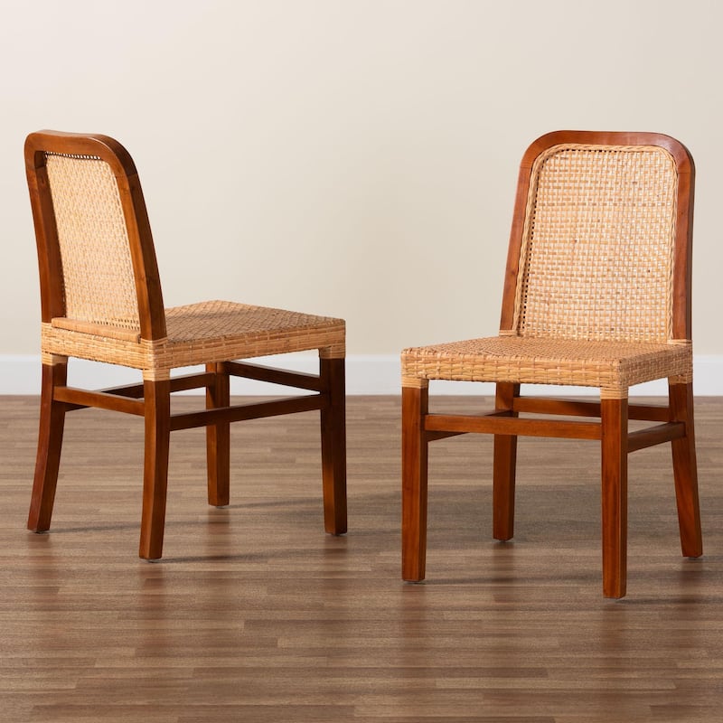 Caspia Mid-Century Mahogany Wood/ Natural Rattan 2-Piece Dining Chair Set