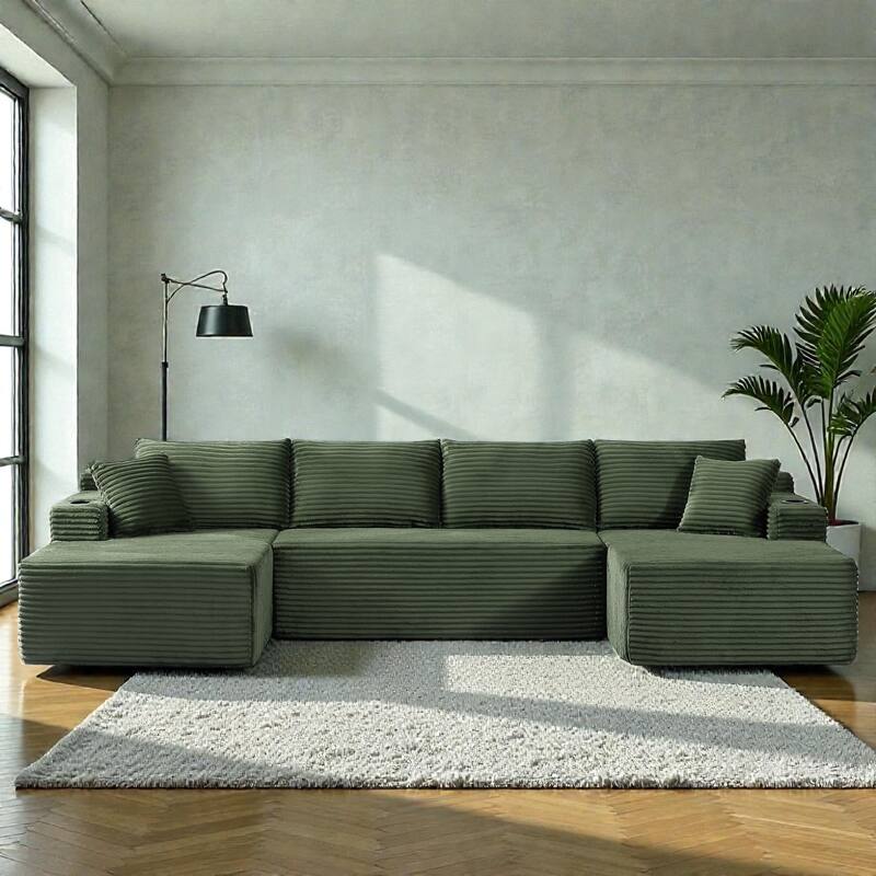 Compressible U-Shaped Modular Sectional Sofa, Corduroy Cloud Couch, 6-Seat Minimalist Living Room Sofa