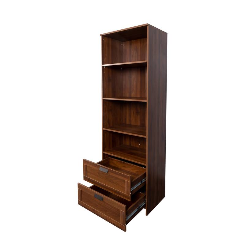 71" Tall Bookshelf with 2 Drawers & 4 Open Shelves, Modern Wood Bookcase with Storage Cabinet, Freestanding Display Bookshelves