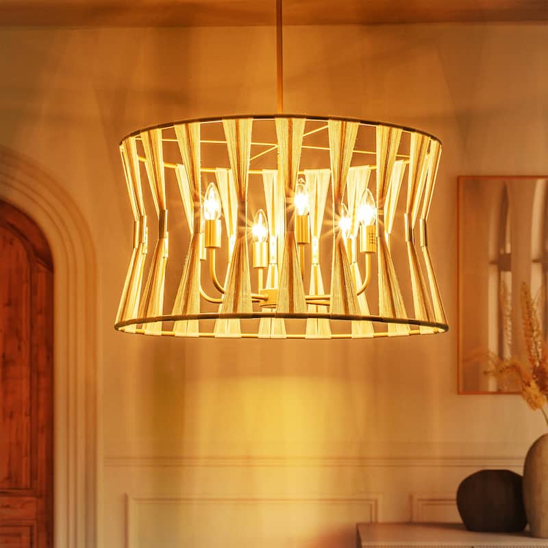 6-Light 23.6" Farmhouse Boho Hand-Woven Ivory Rope Tapered Fabric Drum Chandelier