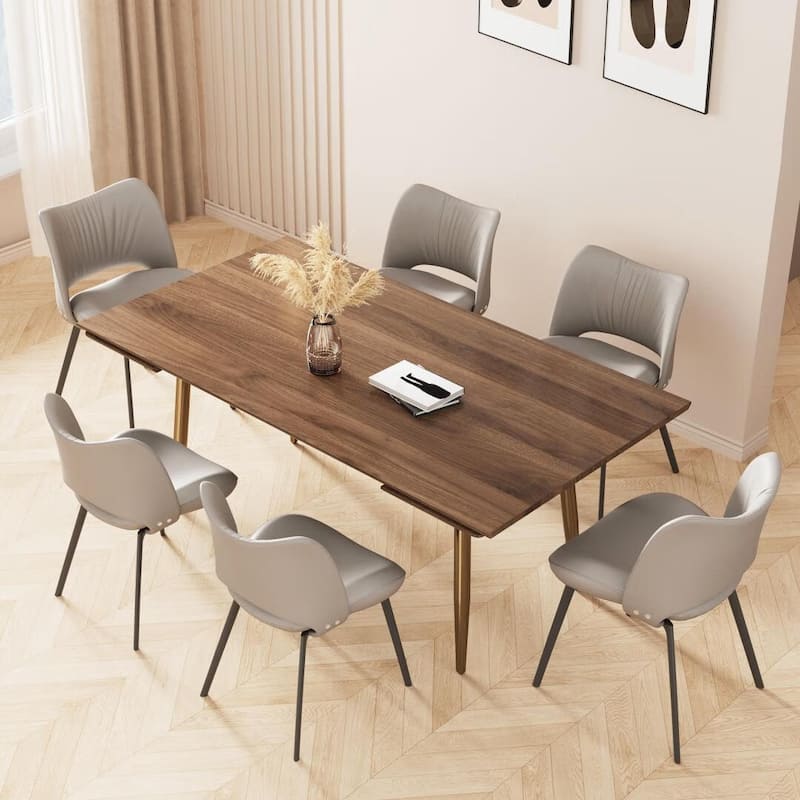 Modern Expandable Walnut Dining Table Adjustable from 62.9" to 94.4", Seats 8 to 10, with Sleek Stainless Steel Support Legs