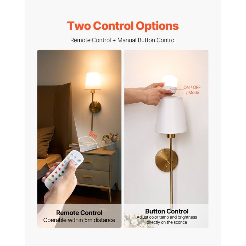 Gold and White Rechargeable Battery-Operated Wall Sconces with 12 RGB Colors - 23.82 x 6.69 x 8.39 in