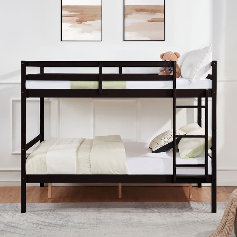 Full over Full Wooden Bunk Bed,High Guardrail,Ladder,Kids Teens,Dorm
