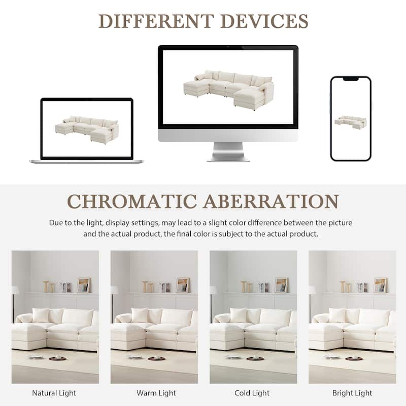 Roomfitters 136" Chenille Sectional Sofa, U Shaped Cloud Couch with Deep Wide Seat, 6 Seat Sofa with Ottoman