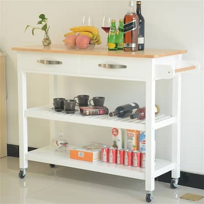 Solid Wood Mobile Kitchen Cart with Two Lockable Wheels and Two Drawers