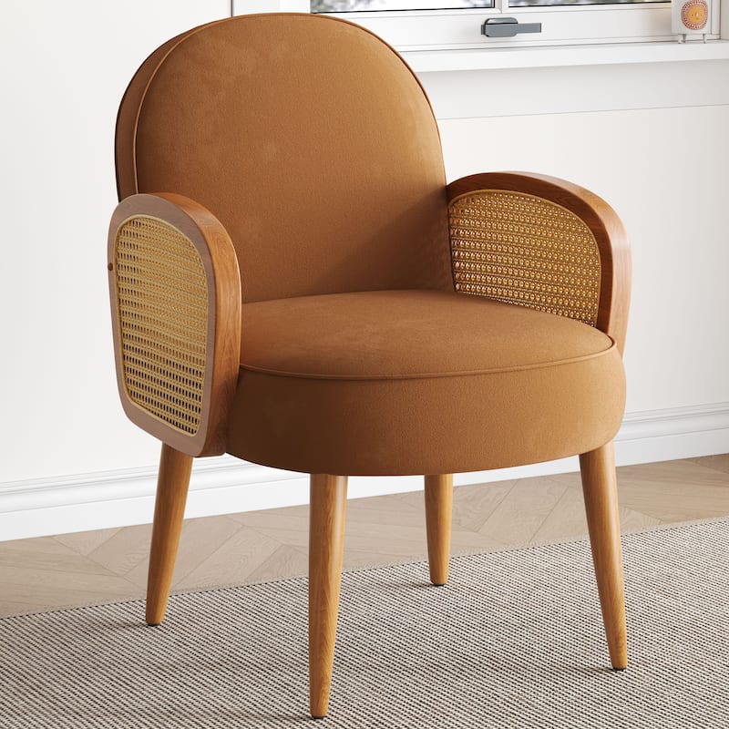 Christopher Knight Home - Taylor Mid-century Accent Chair with Rattan Armrests and Wooden Legs, Velvet Upholstery - Brown