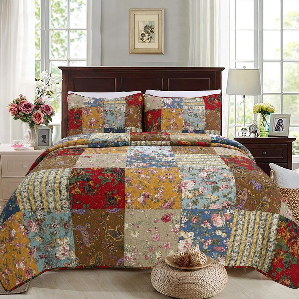 Porch & Den Arbordale Floral Patchwork Cotton 3-piece Reversible Quilt Bedding Set