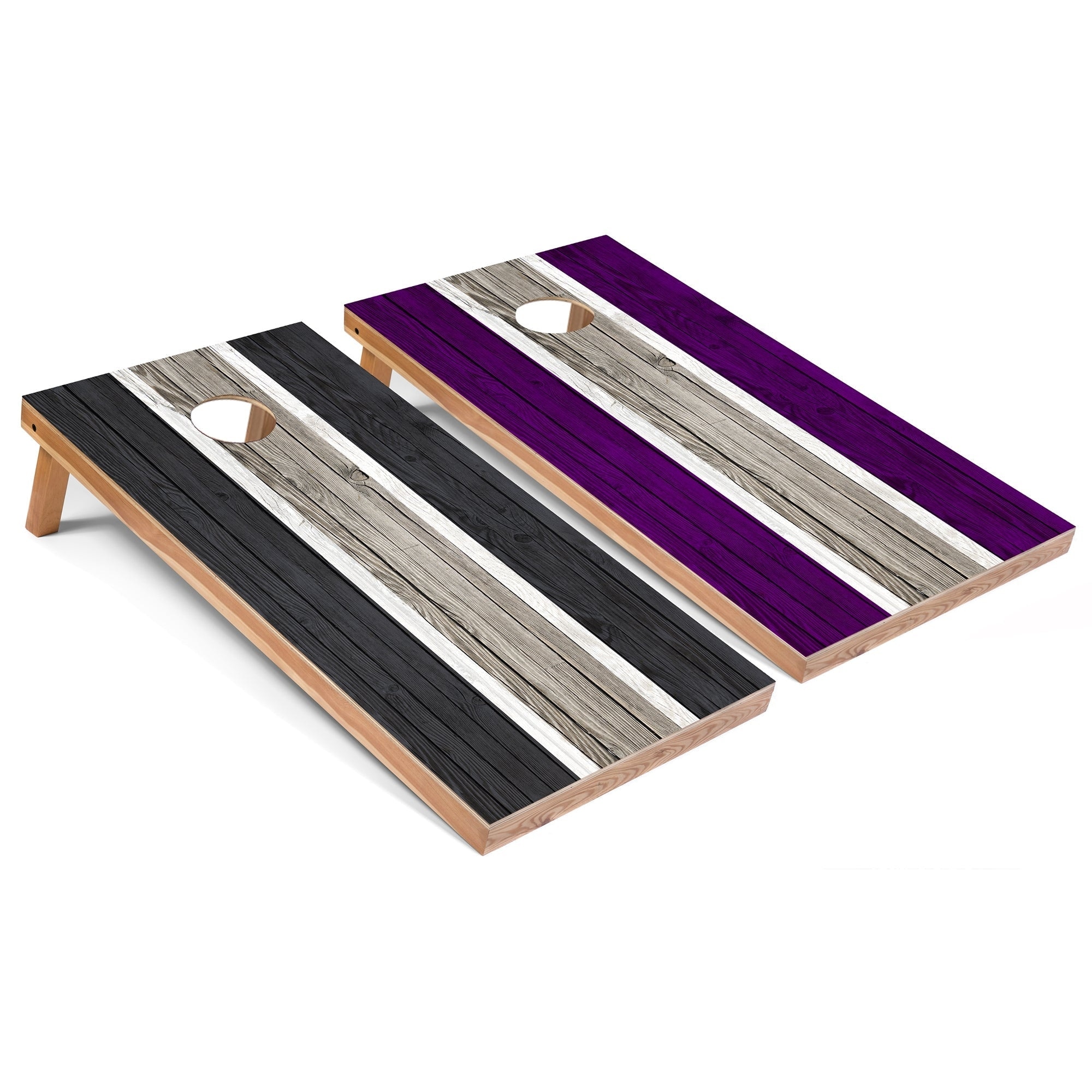Dark Grey and Purple Striped Outdoor Cornhole Set