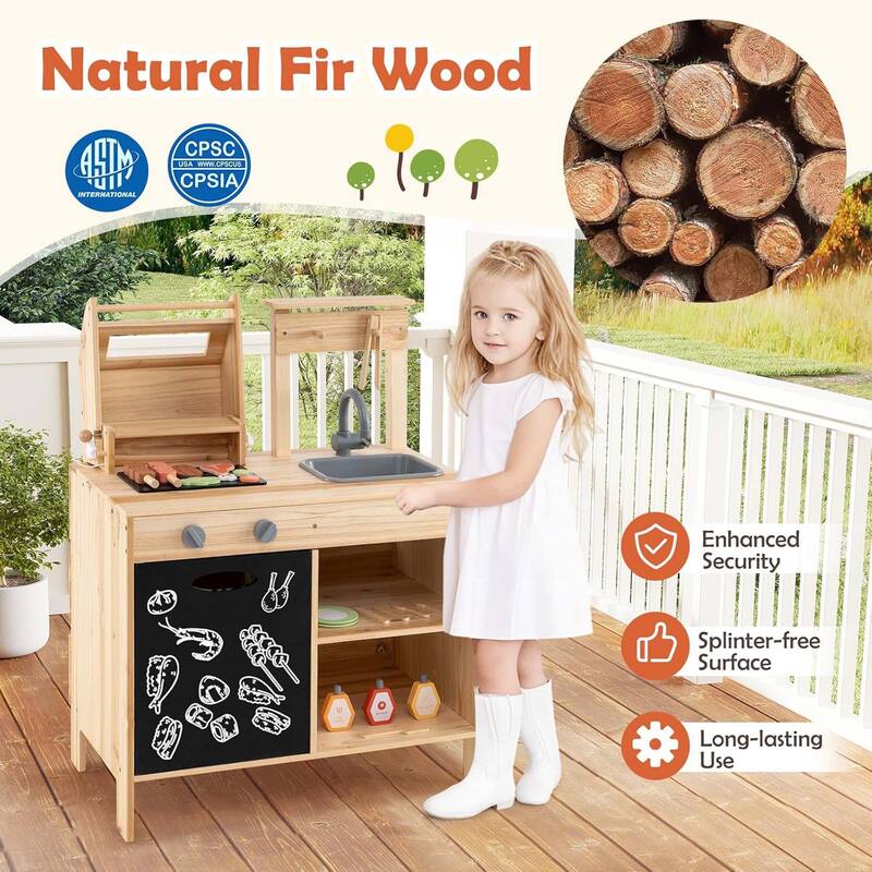 Kids Kitchen Playset Wooden Kids BBQ Grill Playset w/Blackboard