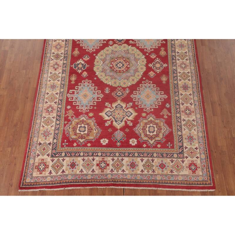Red Geometric Kazak Oriental Area Rug Handmade Wool Carpet - 6'4" x 9'9"