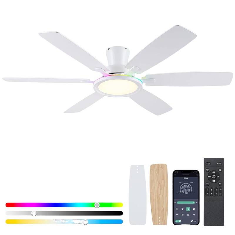 54 Inch Flush Mount Low Profile Ceiling Fan with Light,Remote and App Control - 54 Inches - White