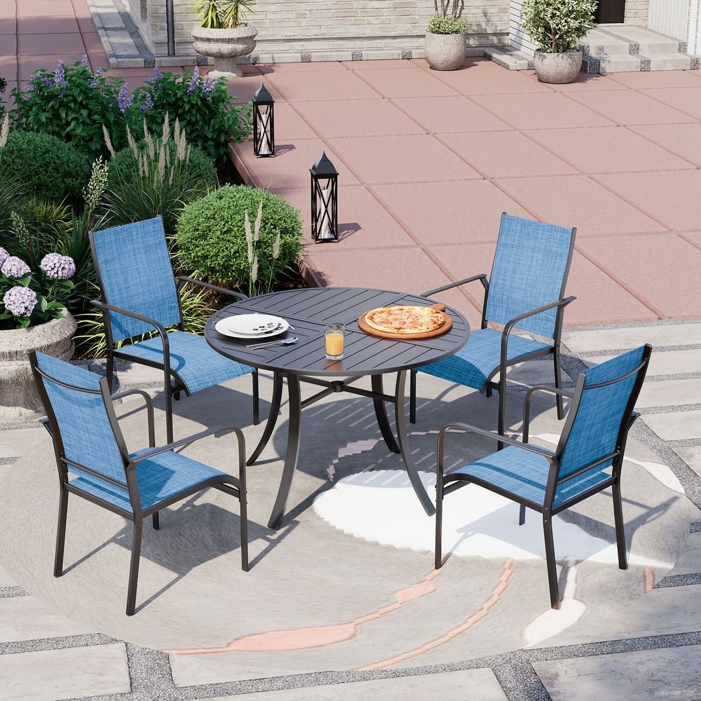 5/7/9-Piece Outdoor Patio Dining Set with Stackable Textilene Chairs and Slatted Table, Furniture with Adjustable Umbrella Hole
