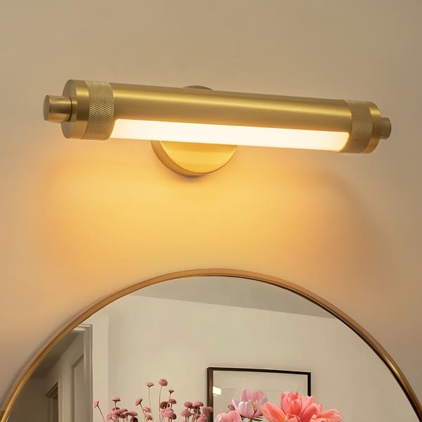 slide 2 of 12, 18.5" Mid-Century Modern Brushed Brass Rotatble Cylinder LED Vanity/Picture Light with Milk White Round Tube Shade 18.5 in. W x 4.7 in. H x 5.9 in. D - Gold