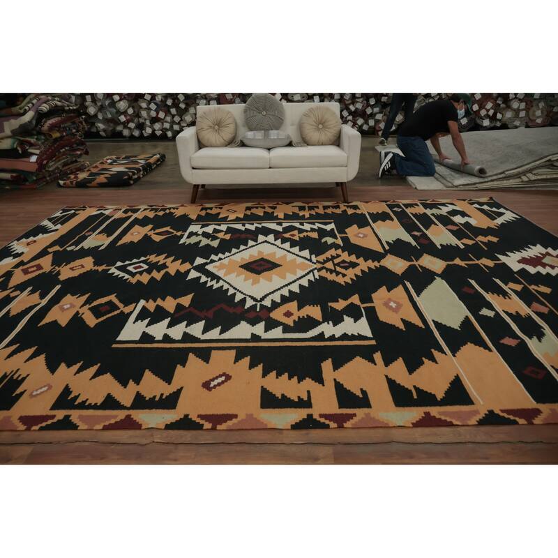 Hand Woven Oriental 100% Wool Carpet Southwestern Tribal Black Kilim Area Rug - 13' 1'' X 9' 10''