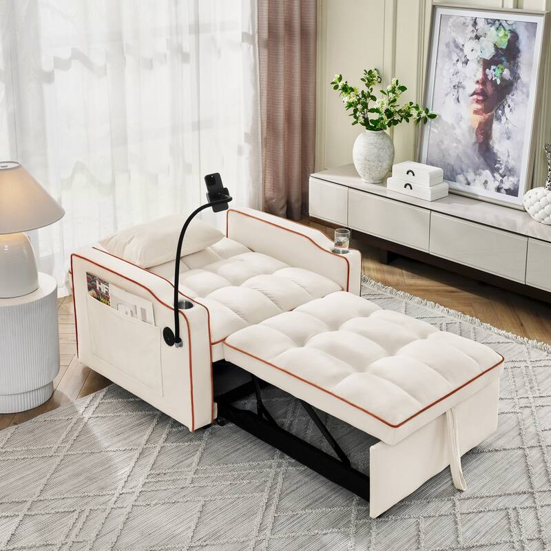 Beige Velvet Single Convertible Sofa Bed with USB Charging Port