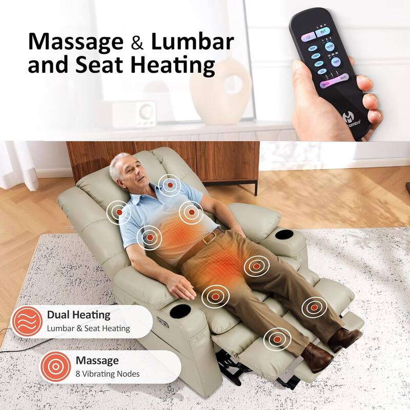 MCombo Large-Wide Dual Motor Power Lift Recliner with Massage and Dual Heating for Big and Tall Elderly, Faux Leather R7635