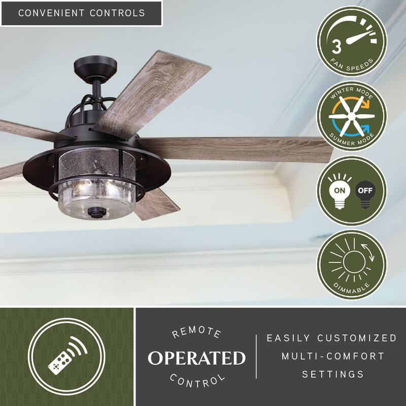 Charleston 56 In. Bronze Farmhouse Indoor-Outdoor Ceiling Fan with LED Light Kit and Remote - 56-in W x 19.5-in H x 56-in D