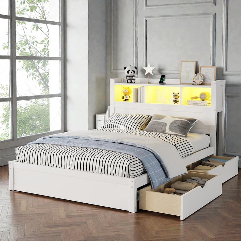 Wood Bed with Storage Headboard, Drawers and Pull Out Cabinet, Twin Full Bed with LED Light and Socket